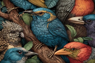 Fototapeta premium Colorful Illustrations of Various Birds Perched on Branches in a Lush Forest Environment with Detailed Feather Patterns