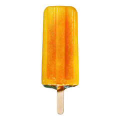 A vibrant orange popsicle, with visible juice streaks and a wooden stick, stands against a bright white background, creating a refreshing summer treat image.