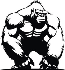 Fierce Gorilla Illustration &ndash; Muscular Black and White Graphic of Powerful Primate in Aggressive Pose for Mascot or Poster ArtFierce Gorilla Illustration &ndash; Muscular Black and White Graphic of Powerful
