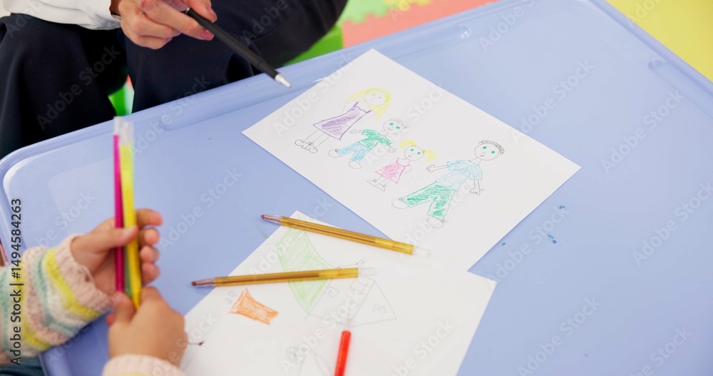 Poster art, education and hands of student with tutor at table for distance learning or home school. course