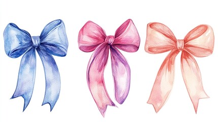 Elegant Watercolor Pastel Bows Set Pretty Gift Ribbon Decoration Design Romantic Festive Birthday Celebration Bowknots  