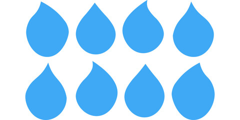 Set of blue water droplet silhouette. Drop simple icon. Rain drops various shapes flat design isolated on white. Element for logo, sticker, cosmetic package, forecast graphic Design