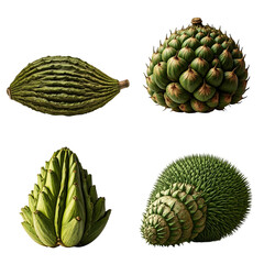 Fototapeta premium Exploring the Unique Structures of Four Varied Cones: Detailed Examination of Their Form, Texture, and Composition; Unveiling the Intricate Botanical Wonders of Nature's Design.