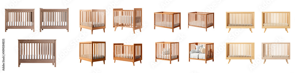 Poster collection of various wooden baby cribs in different styles and designs suitable for creating a comf