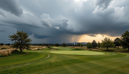 Golfing golf-course concept. Dramatic sky over a serene golf course with lush greenery and distant trees.