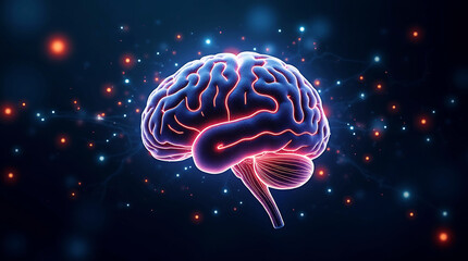 Futuristic Digital Brain with Glowing Neural Connections on Dark Background