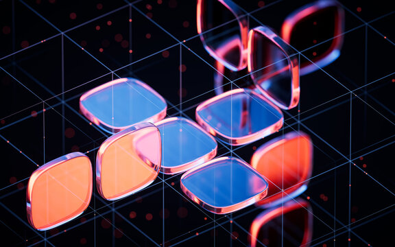 Fototapeta Abstract neon glass geometry cubes, 3d rendering.