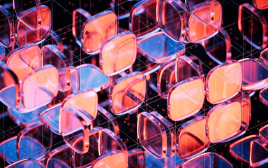 Abstract neon glass geometry cubes, 3d rendering.