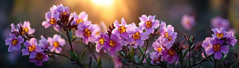 Obraz premium Blooming flowers in meadow under mystical vibrant tropical sky concept. A beautiful display of vibrant pink flowers under soft sunlight.