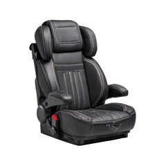 Naklejka premium A luxurious black leather child car seat with padded headrest and armrests is displayed against a clean white backdrop offe safety and comfort for kids.