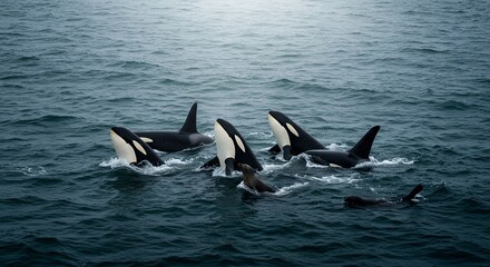 Fototapeta premium Orcas and Seals Encounter: A Majestic Ocean Moment