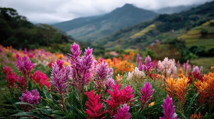 Fototapeta premium Blooming flowers in meadow inside vibrant tropical paradise concept. Vibrant flowers in a lush landscape under a cloudy sky.