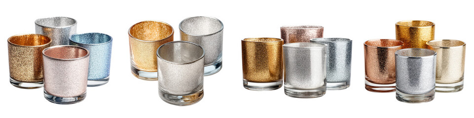 Assortment of decorative metallic candle holders and containers