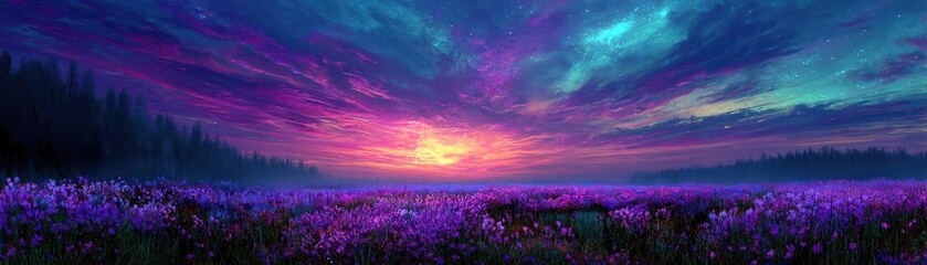Obraz premium Blooming flowers in meadow under mystical vibrant tropical sky concept. A vibrant sunset over a field of blooming purple flowers.