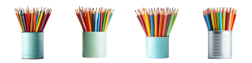 Fototapeta premium Colorful pencils organized in metal and plastic containers