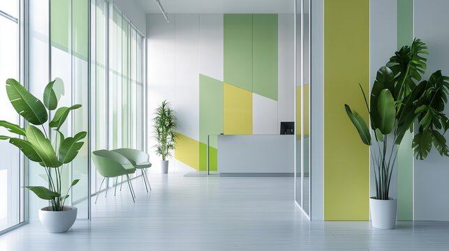 Modern, brightly colored interior hallway featuring plants.