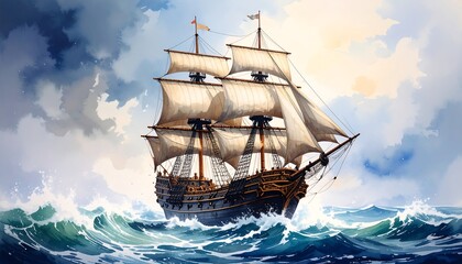 Sailing Ship on Stormy Sea.