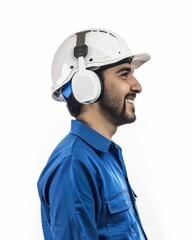Smiling male construction worker in a blue uniform with a helmet and ear protection.