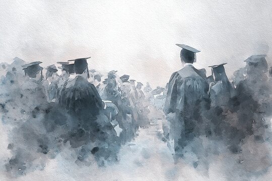 A delicate watercolor sketch of a graduation ceremony, with students in caps and gowns standing proudly. High quality. High quality