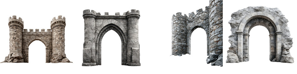 Captivating monochrome image showcasing the weathered crumbling facades and archways of a once grand medieval castle evoking a sense of history heritage and timeless mystery