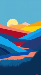 Abstract landscape with vibrant mountains, rivers, and a setting sun.