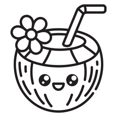 Cute Summer Line Art of a Coconut Drink with Straw, Flower and Smile