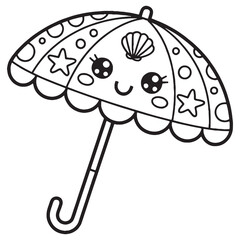Cute Summer Line Art of Smiling Beach Umbrella with Seashells