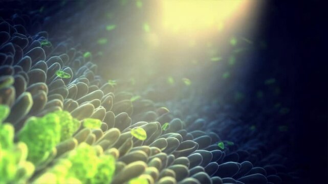 Tiny intestinal bacteria floating inside human bowels show gut health, digestive system, digestive probiotics, immune system balance