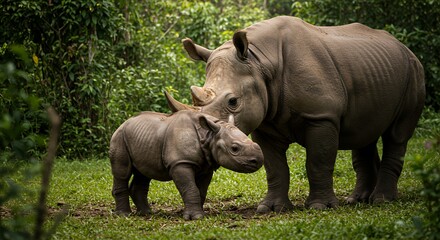 Obraz premium Motherly Love in the Jungle: A White Rhino and her Calf