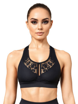 black mesh sports bra with floral lace overlays along the front and sides. The racerback design and comfortable underband make