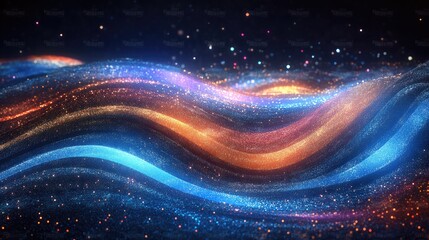 Obraz premium Vibrant, flowing waves of shimmering particles in blue, orange, and purple hues on a dark background
