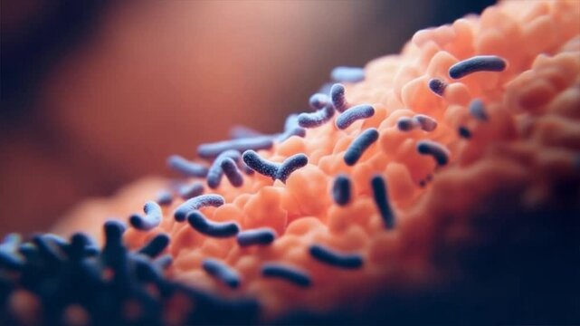 Bacteria in human gut on bright orange background showing digestive system health, gut cleanse, immune system support, digestive probiotics