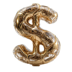 Intricate gold letter S is rendered with a complex organic texture showcasing smooth reflective surfaces and transparent accents creating a unique design element.
