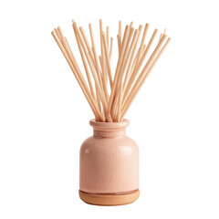 Aromatic wooden sticks are placed in a pink ceramic diffuser to gently scent a room creating a calming and refreshing ambiance in the home interior space.