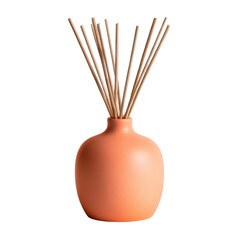 An orange diffuser with multiple sticks stands on a white background, creating a calming atmosphere with its potential fragrance in a minimalist setting today.