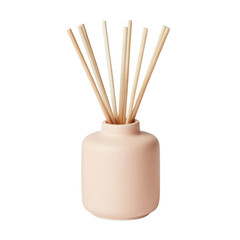 A pastel pink ceramic diffuser holding wooden reeds offers a calming scent through aromatherapy, enhancing the ambiance with its elegant and minimalist design.