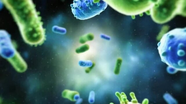 3D green and blue bacteria in microbiome setting represent digestive system, immune system defense, gut cleanse, digestive probiotics