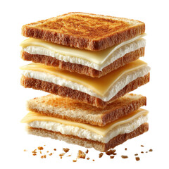 A towe stacked sandwich showcases layers of toasted bread, melted cheese, and white filling against a seamless white background for a clean presentation.