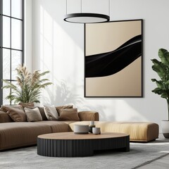 An elegant and modern living room is bathed in natural light showcasing a stylish abstract artwork, comfortable sofa, and minimalist decor that invites relaxation.