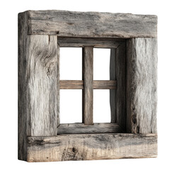An aged rustic wooden window frame, with visible wood grain, forms a square around the bright white opening, suggesting an antique and isolated object.