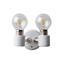 The minimalist white wall light fixture features two clear globe bulbs, elegantly illuminating the modern interior space with a clean and contemporary design aesthetic.