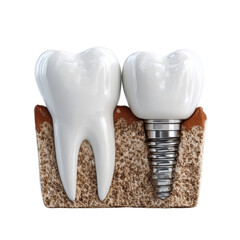 A dental implant illustration shows a replacement tooth anchored in the gums next to a healthy natural tooth, both rendered in high detail against white.