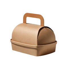 The brown paperboard lunch box with a handle is simple and practical, perfect for carrying meals or gifts safely, sitting against a plain white background.