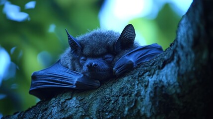 Sleepy bat resting on a tree branch