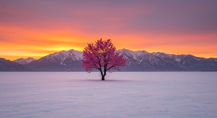 Tree with pink blossoms and snow mountains