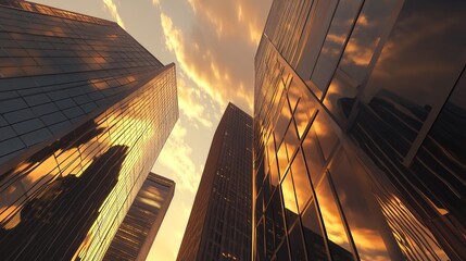 Golden Hour Skyscrapers Modern City Architecture Building Exterior Design Urban Sunset Reflection Glass Facade style    