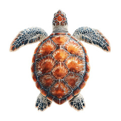 A watercolor illustration features the top view of a sea turtle with a patterned carapace and flippers against a clean white background perfect for designs.