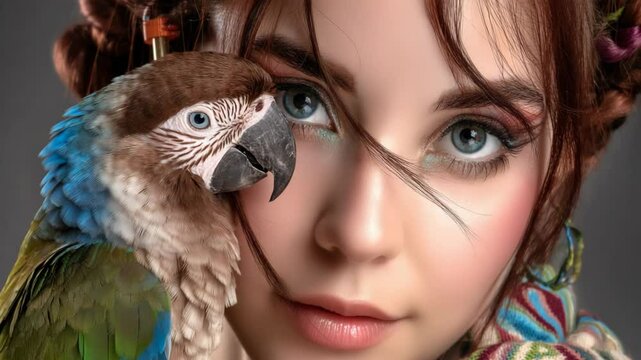 close up face pretty Caucasian woman wearing fancy makeup with a parrot 