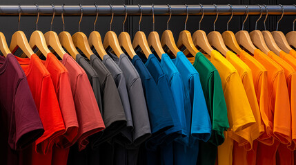 t-shirts in various colors hanging on a rack in a store, with the colors arranged in a gradient