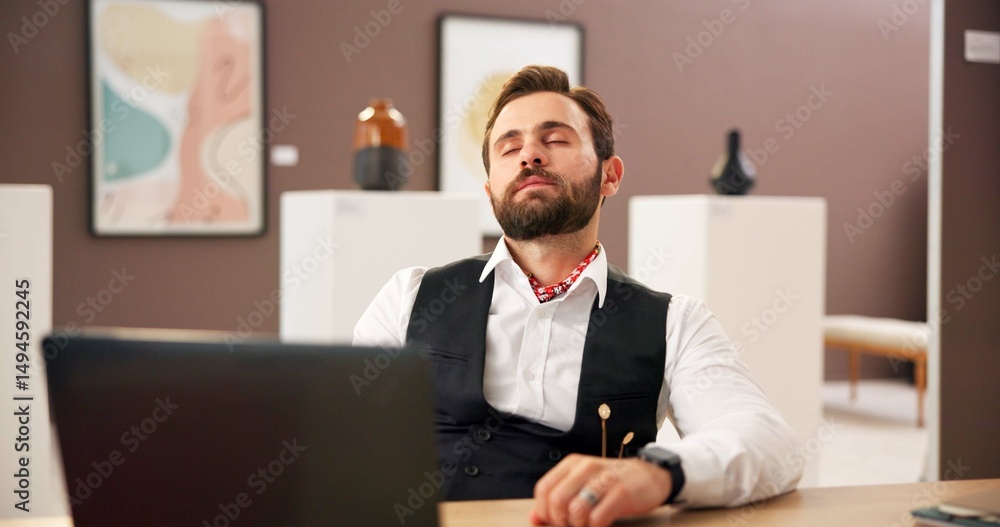 Poster creative, sleeping and man with laptop, tired and overworked with fatigue, waiting and burnout. pers